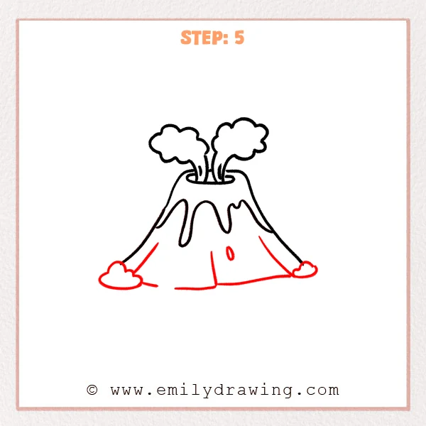 how to draw a cartoon volcano - Step 5 of how to draw a cartoon volcano adds a curved ground line, two small puffy lava puddles at the base, and extra flow details to finish the sketch.